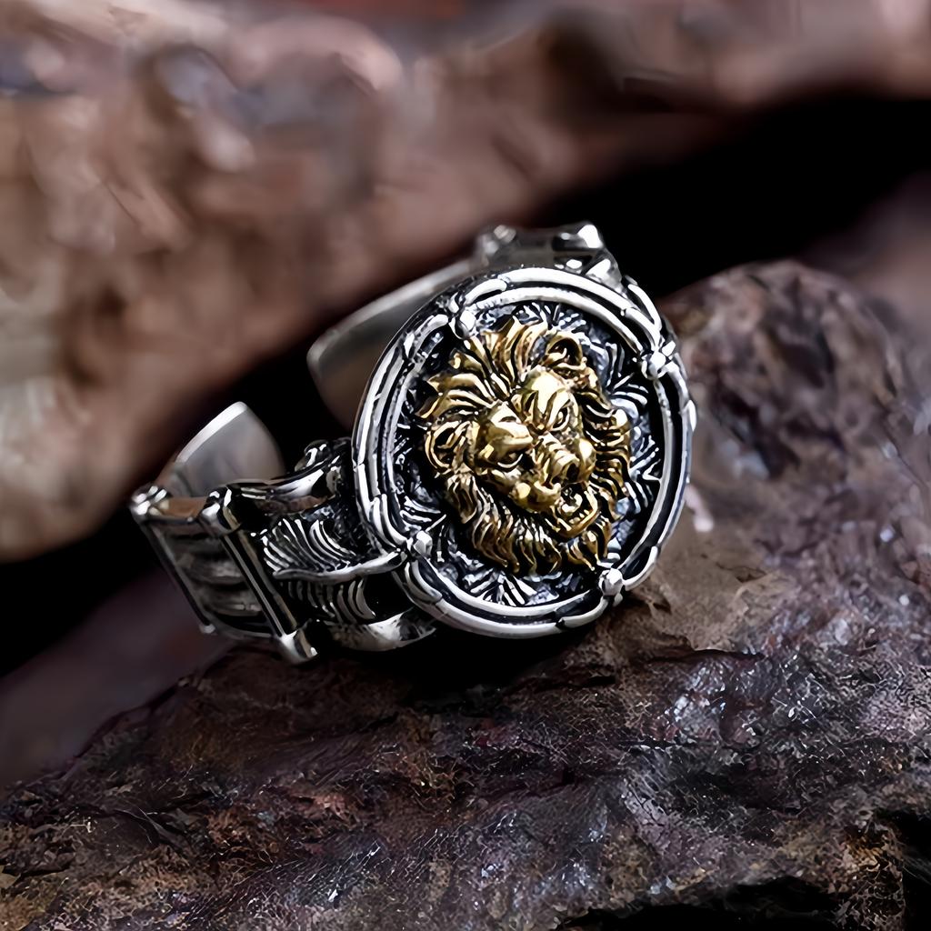 Retro Golden Lion Adjustable Open Ring For Men Gothic Punk Edgy Silver-plated Copper  Bikers Accessories Gift for Him