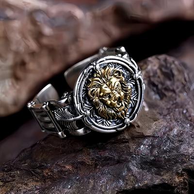 Anillo Abierto Ajustable de León Dorado Retro para Hombres Gótico Punk Audaz Cobre Chapado en Plata Accesorios para Motociclistas Regalo para Él