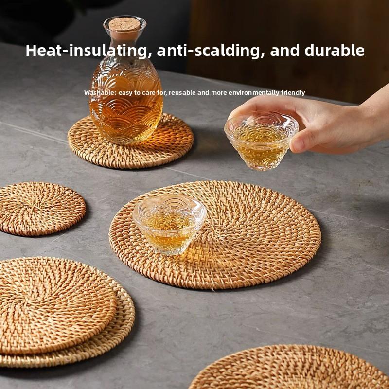 1/4pcs 20cm Round Rattan Woven Placemat Heat Resistant Pot Mat Anti Scald Table Mat Non Slip Coaster for Kitchen Dining Table