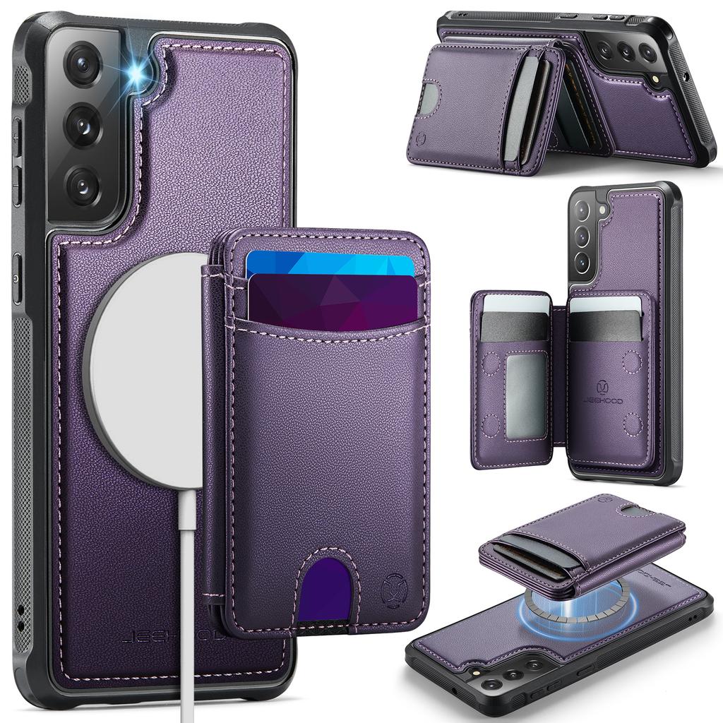 For Samsung Galaxy S22 5G Magnetic Case JEEHOOD J10 Leather Back Phone Cover with Detachable Card Holder Kickstand
