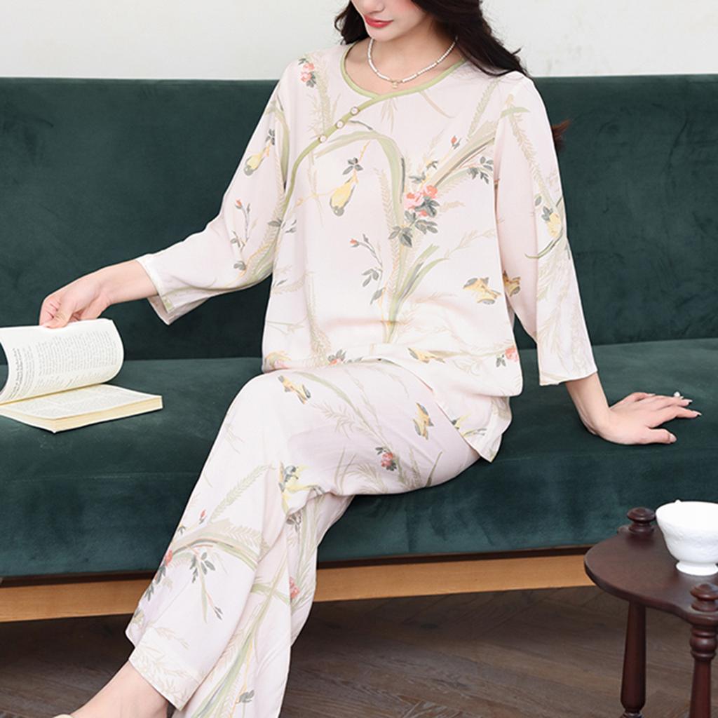 Pajamas women's spring and autumn silk new Chinese loungewear can be worn outside the national style middle-aged and elderly mother's cotton and silk