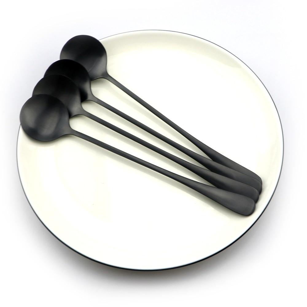 4/8pcs Cute Matte Black Teaspoons Coffee Soup Round Long Handle Scoops 18/0 Stainless Steel Dinner Set Ice Cream Cocktail TableSpoons