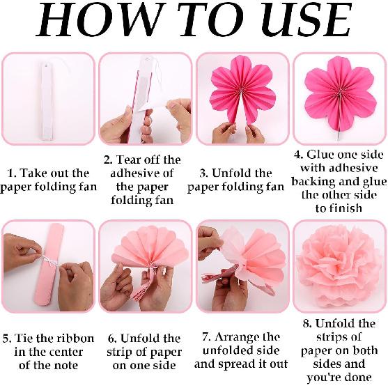 15PCS Pink Party Dressing Set, Tissue Paper Pom Poms Decorations and Hanging Pastel Flower Fan Suitable for Grad Birthday Wedding Party Wall Ceiling
