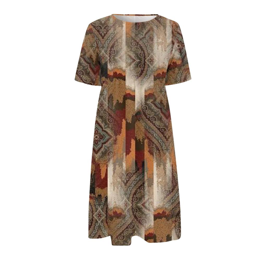 Damen-Freizeitkleider, bedruckte Kleider, Sommerkleider, bedruckt, plissiert, Rundhals-Midi-Kleider, Basic, klassisch, Outdoor, täglich, kurzärmelig, lockere Kleider