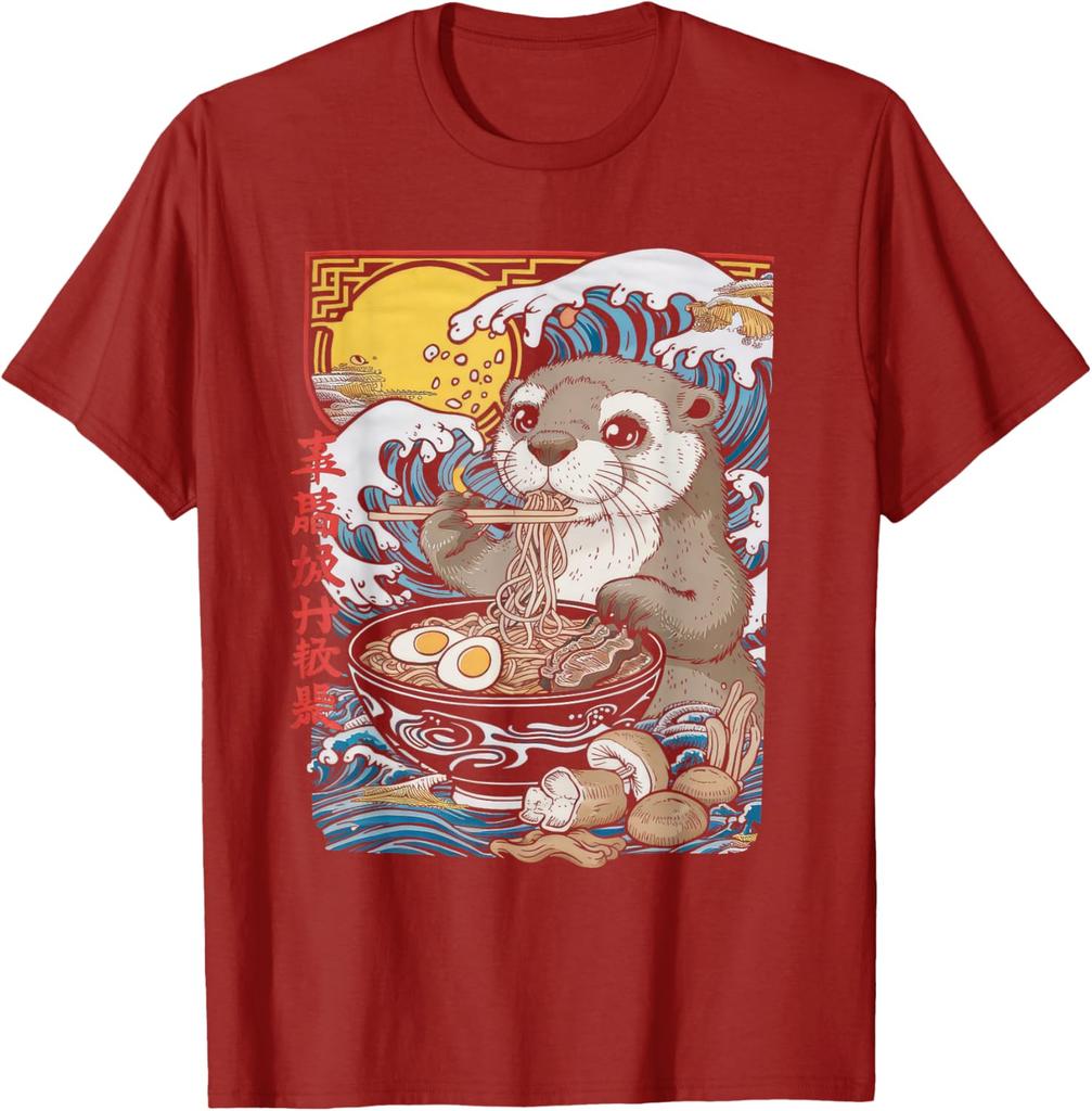 Otter Eating Ramen Graphic Tee Cute Japanese Wave Anime Style TShirt Casual Comfort