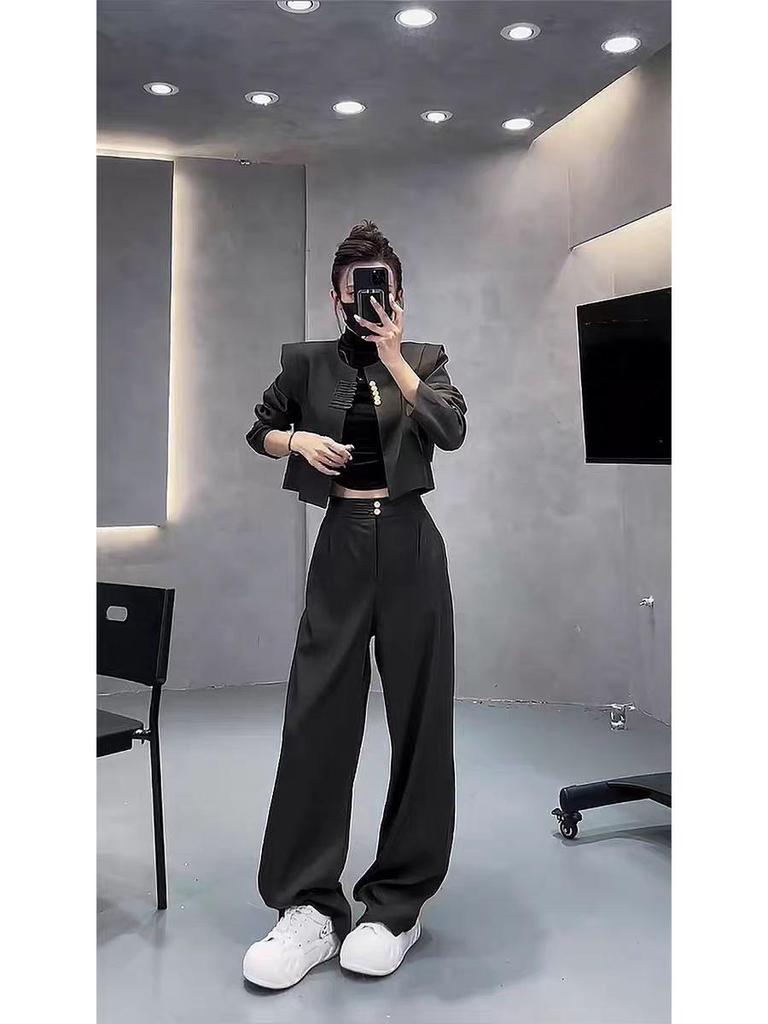 Dámský čínský retro dvoudílný set: Pánská bunda s dlouhým rukávem a kalhoty s vysokým pasem