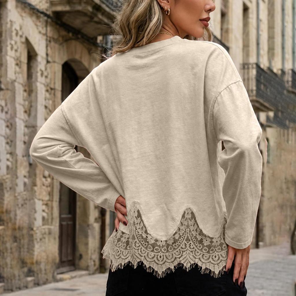 Lace Tops for Women Long Sleeve Crewneck Casual Vacation Boho Tops