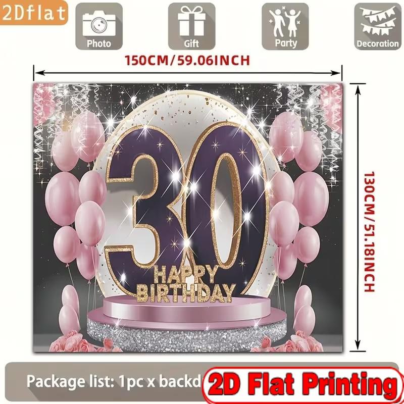 2D 30th Happy Birthday Photography Background, Purple Gold 30 Number Pink Balloon Party Decor Banner