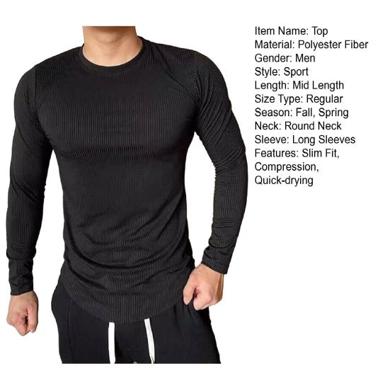 Men Sport Top Slim Fit High Elasticity Striped Texture Round Neck Quick-drying Long Sleeves