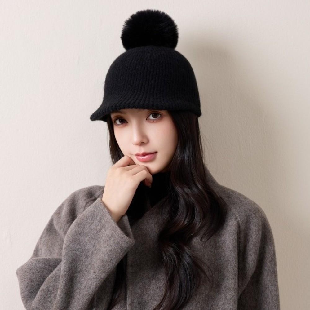 Solid Color Warm Wool Cap Thermal Ear Protection Hat Cute Pompom Plush Beanie Winter