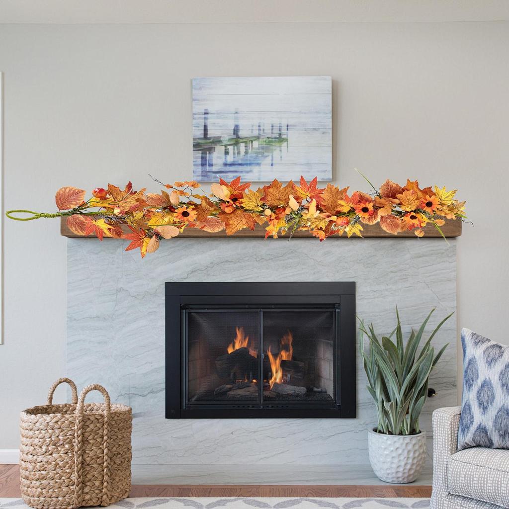 Autumn Leaves Garland 5.9ft Artificial Home Decor Pumpkin Leaves Fall Garland Outdoor Decor For Party Fireplace Front Door Patio