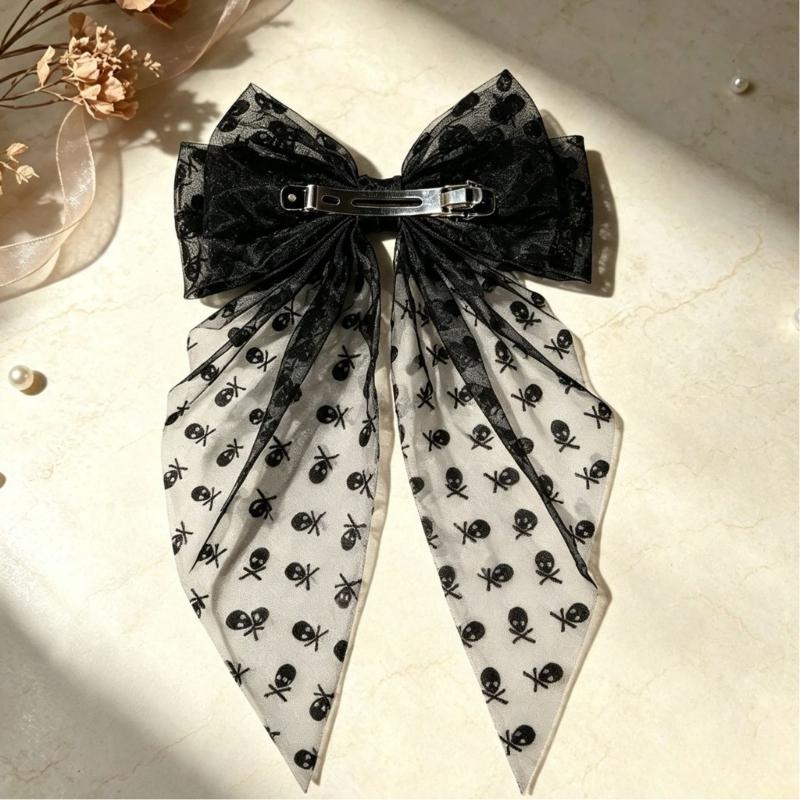 Oversized Halloween Hair Bows with Mesh Layers and Long Ribbon Tails, 2Piece Mesh Bowknot Clip for Women Costume Photo Styling