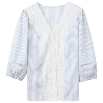 Sancai 2026 Summer Stripe Lace V-Neck Seven-Quarter Sleeve Blouse