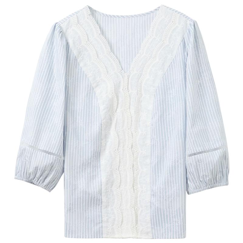 Sancai 2026 Summer Stripe Lace V-Neck Seven-Quarter Sleeve Blouse