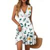Women's Summer Dress V Neck Sleeveless Casual Floral Print Hem Pleated Dress
