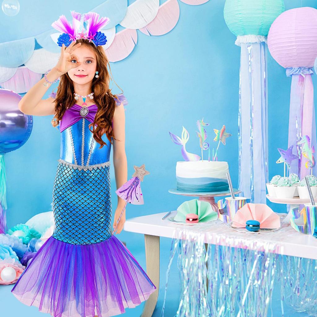 Mermaid Dress, Kids' Princess Dress, Deluxe Princess Dress 8-Piece Set (Necklace, Bracelet, Earrings, Magic Wand, Ring, Hairband, and Skirt)