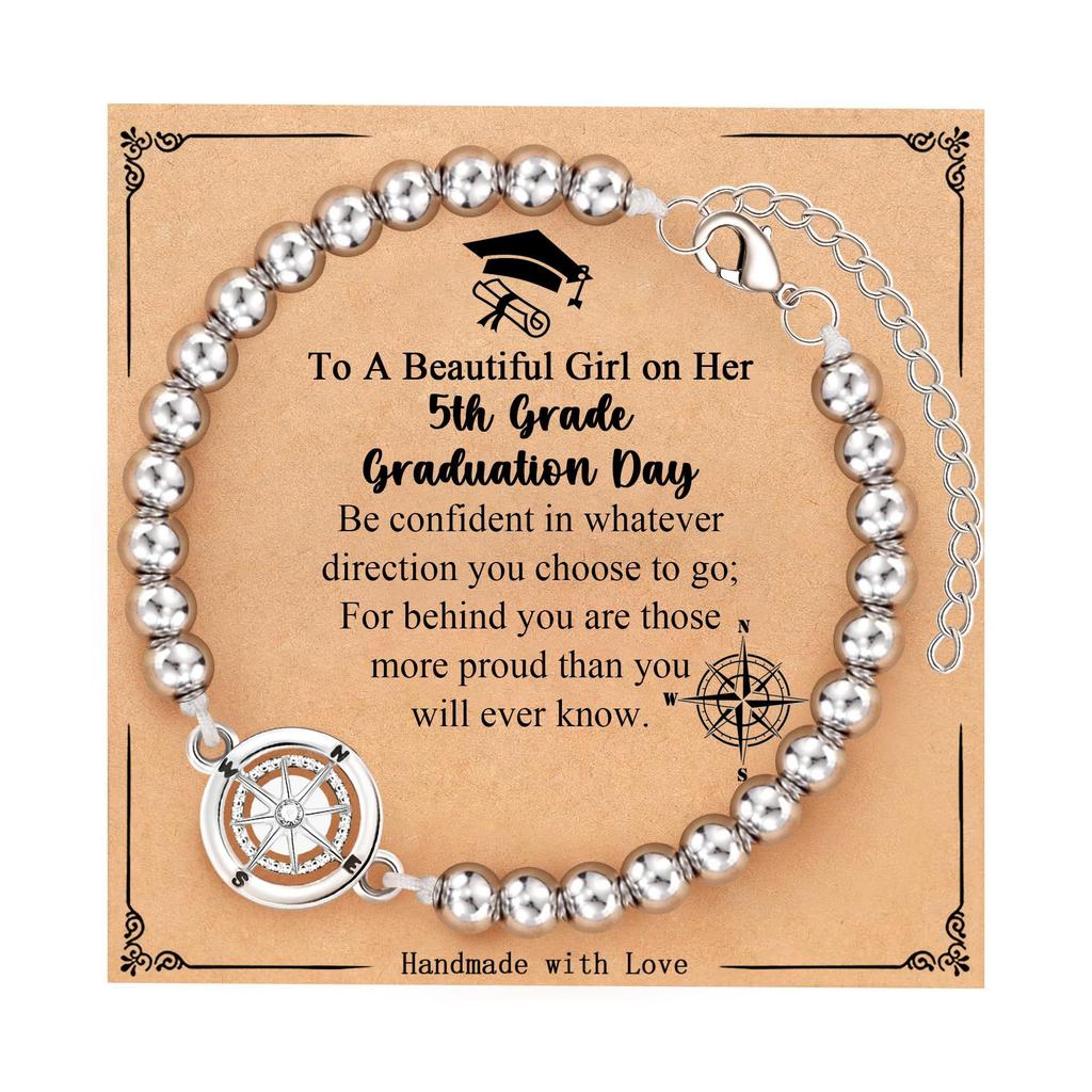 2026 Graduation Gifts for Her Him Sister - Stainless Steel Compass Beaded Bracelets for High School/College/Middle School Grads