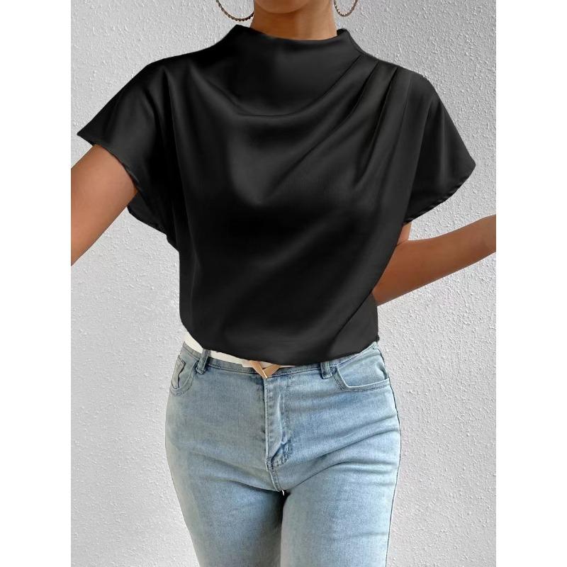 T-shirt à col rond et manches courtes plissé à l'épaule gauche Haut en satin pour femme