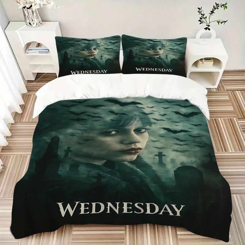 3-teiliges WEDNESDAY Addams Bettwäsche-Set, 1 Bettbezug + 2 Kissenbezüge (Kein Einsatz), Hochauflösender Druck, Set für Zuhause & Wohnheim yy251208062
