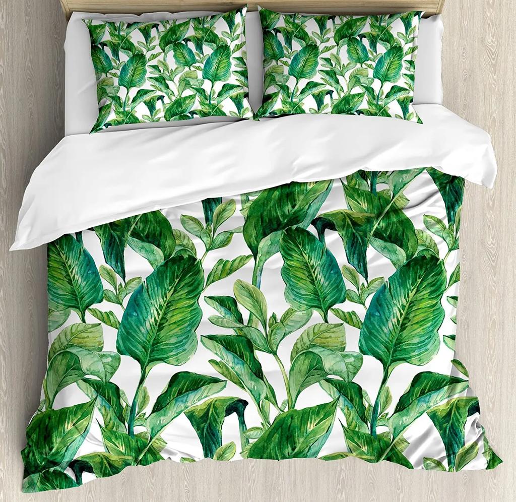 Leaf Duvet Cover Set Romantic Holiday Island Hawaiian Banana Trees Bedding Set Double Queen King Full Size Polyester Qulit Cover