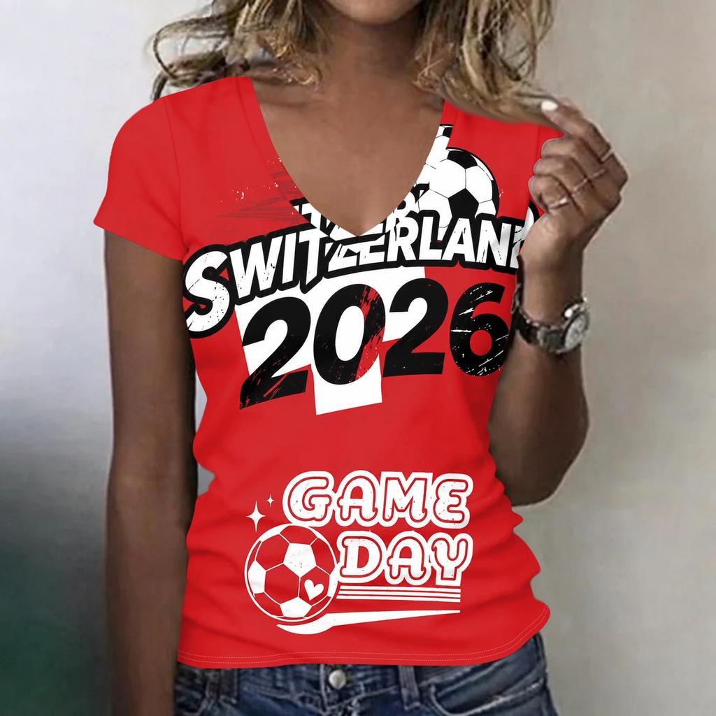 Women V Neck Short Sleeve Lightweight Summer Top Germany 2026 Soccer Printed Casual T Shirt for Sports and Daily Wear