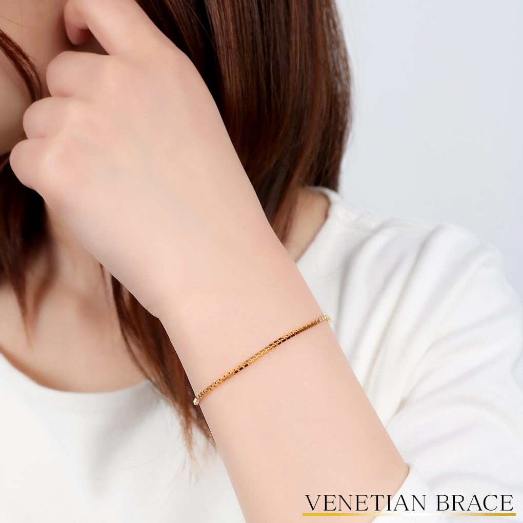 [Shinjuku Gin No Kura] Gold Venetian Chain Bracelet, 1.4mm Wide, 17cm, Silver 925, 24K Gold, Coated, Box Chain, Square