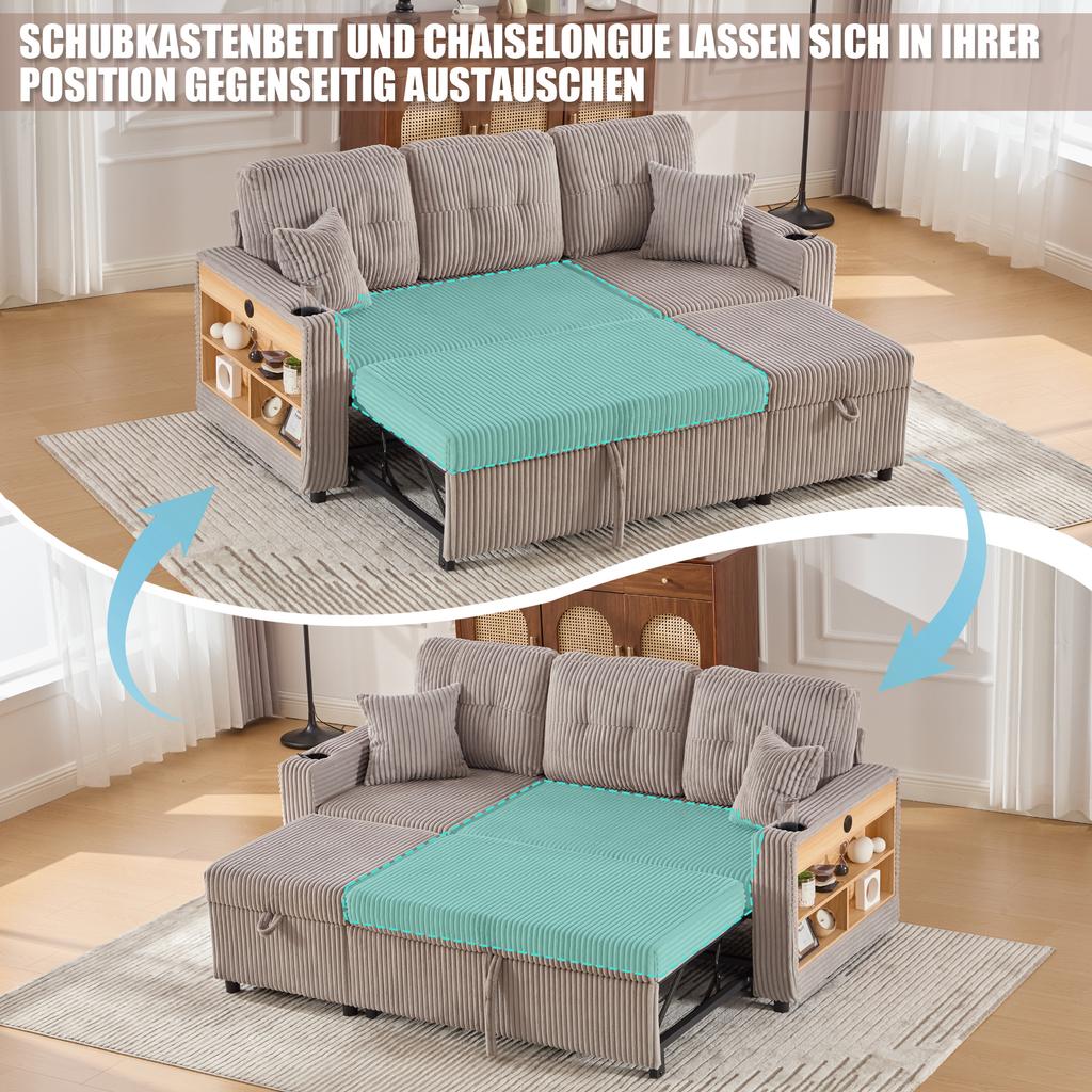 Divano Multifunzionale in Velluto a Coste con Contenitore e Letto Estraibile. Compreso. USB-C, Illuminazione Ambientale, Portabicchieri e Braccioli Larghi.