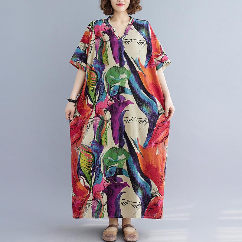 Summer Cotton and Linen Printed V-neck Loose Dress