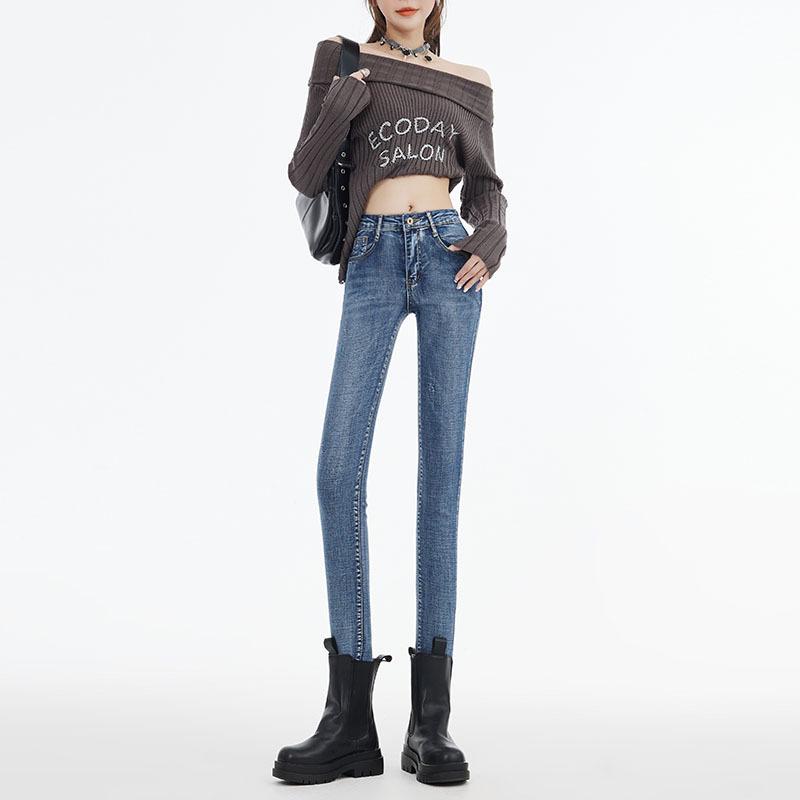 

Autumn and Winter Pencil Pants High Waist Breasted Belly Thin Elastic Nine-point Jeans Women 32