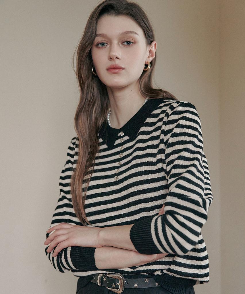 MAXZA Cubic Button Striped Open Collar Knit