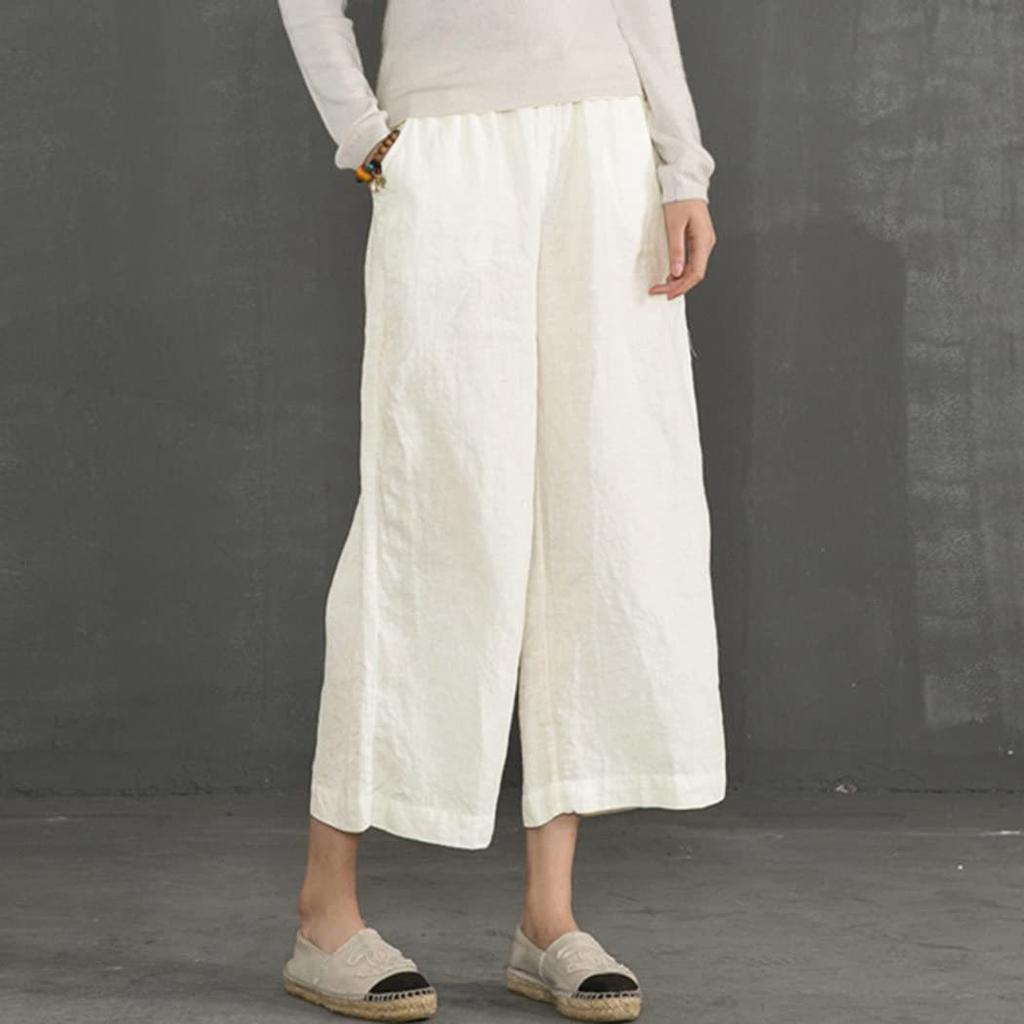 2026 New Women's Linen Cotton Wide Leg Pants, Elastic Waist Cropped Culottes for Spring Summer Casual Wear