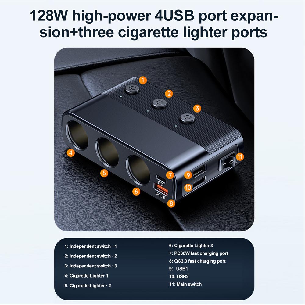 128w 7 In 1 Car Charger Adapter Dual USB Charging 3 Port Fast Socket Multifunction Cigarette Lighter Splitter Charge with Switch