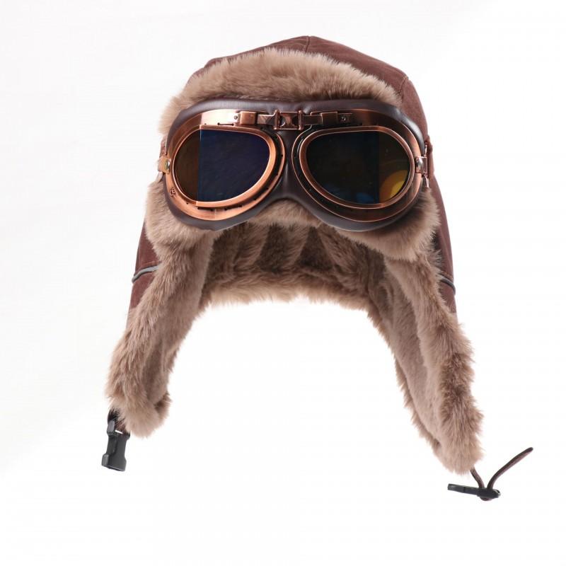 Unisex Winter Warm Fleece Lined Aviator Hat With Goggles Cover Ear Protection Outdoor Windproof Retro Cap