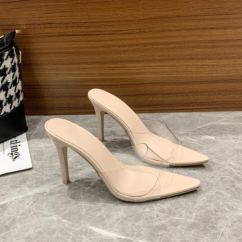 One-word transparent high-heeled sandals, new large-size summer nude thin-heeled fairy-wind nude cool slippers 35