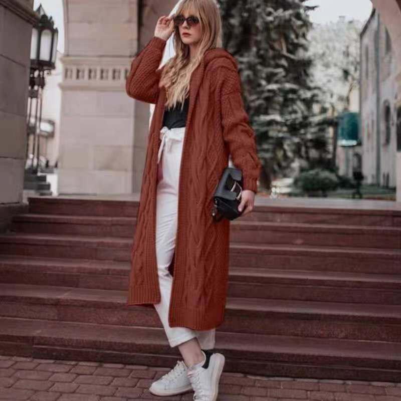 Вязаный кардиган-свитер средней длины с капюшоном L