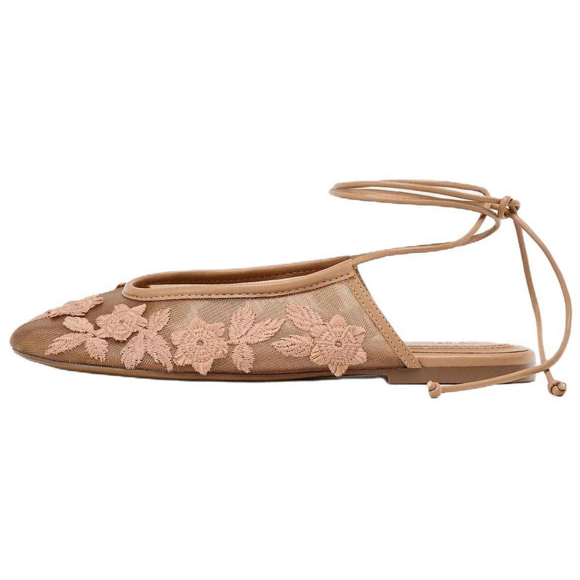 ZARA Mesh Floral Embroidered Lace Up Flat Slingbacks Beige Womens 12536510098 37