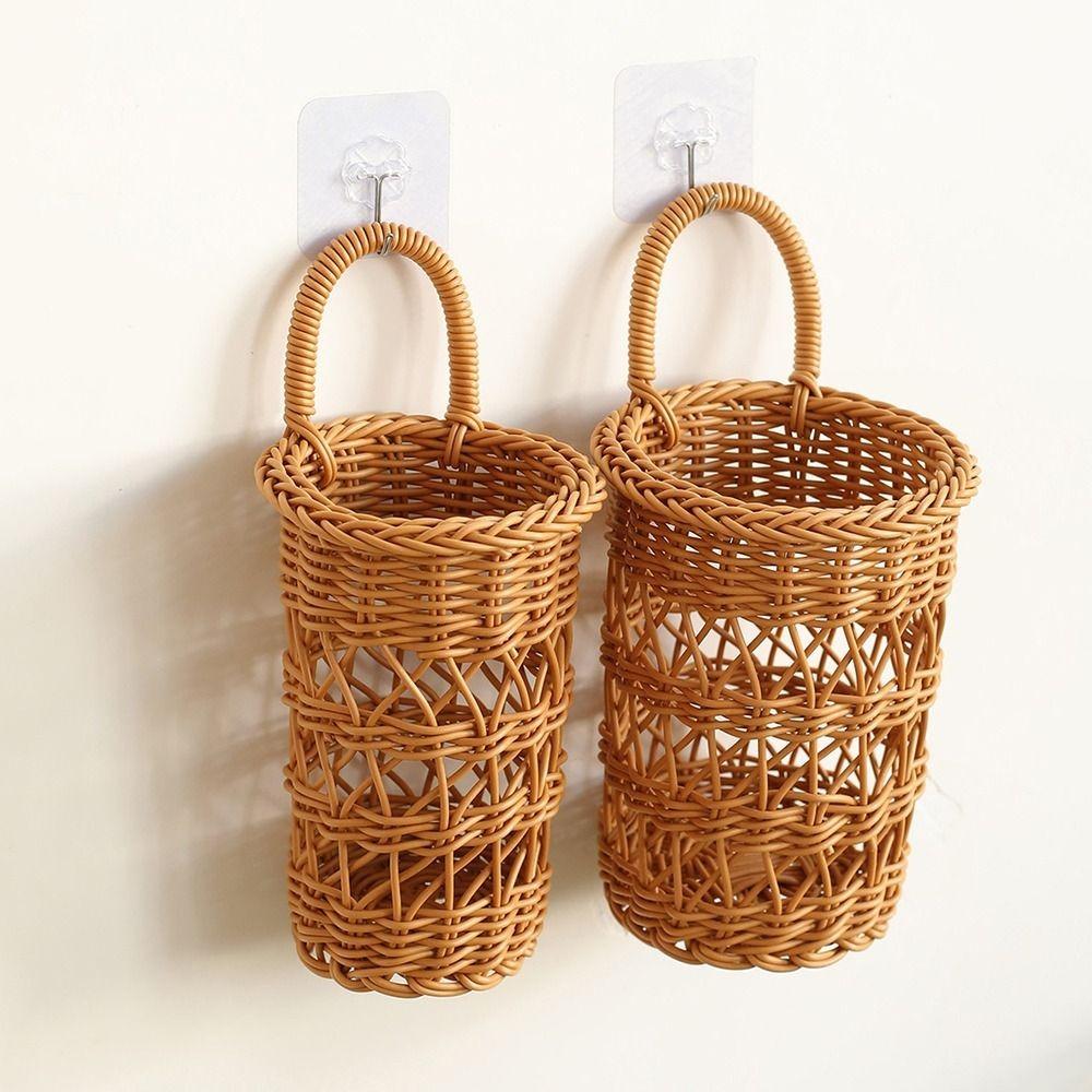 Hollow Faux Rattan Basket Hanging Handle Wall Storage Basket New Hanging Basket  Bathroom Storage