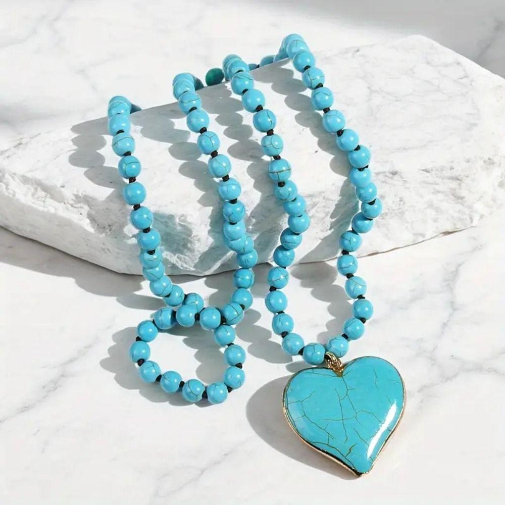Heart Shape Pendant Turquoise Beaded Necklace 8 mm Beads Boho Necklace Women Gift