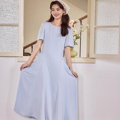 Summer Design Waist Tencel Linen Round Neck Waist Short-sleeved Dress Women