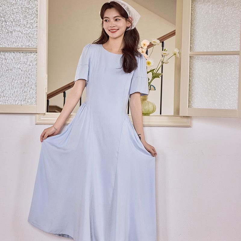 

Летнее дизайнерское платье из тенселя и льна с круглым вырезом и короткими рукавами для женщин one size fits all синий