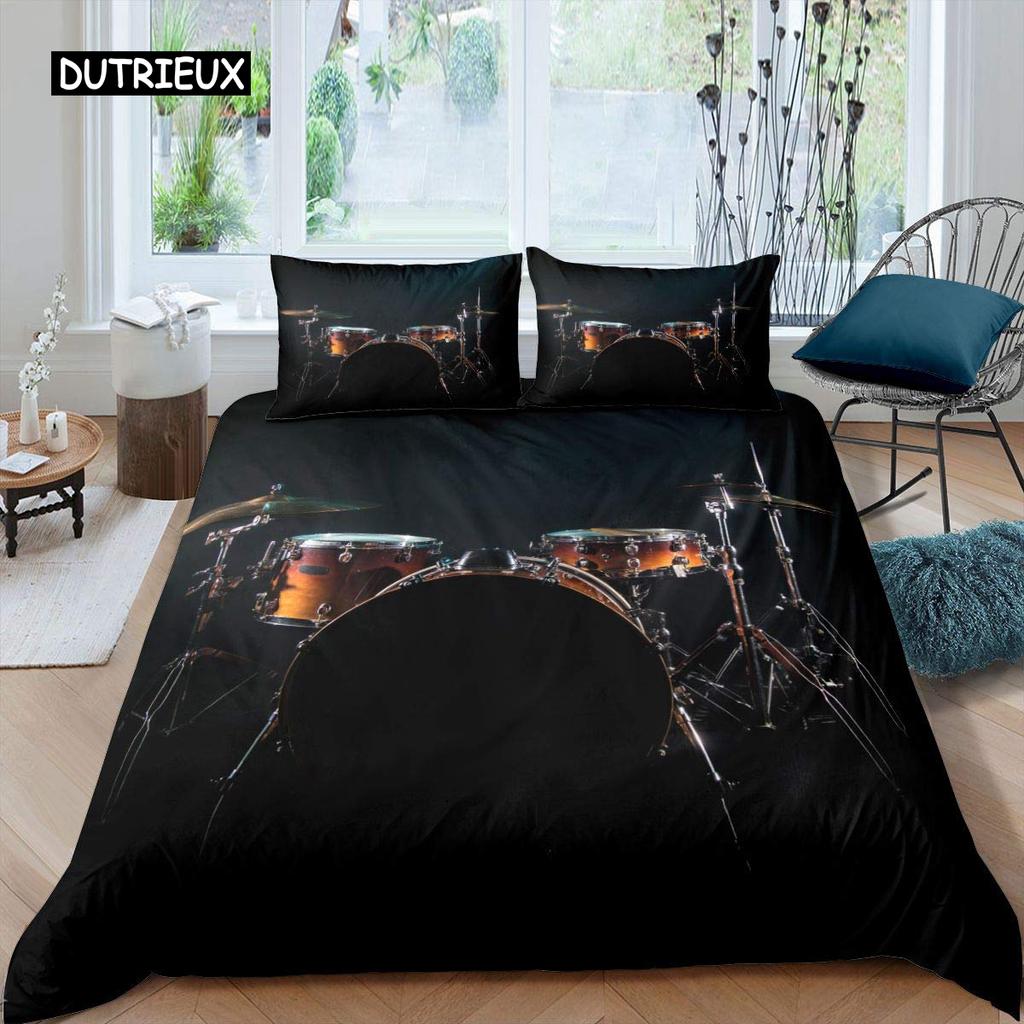 Blue Drum Kit Duvet Cover Set Microfiber Rock Roll Pop Music Twin Bedding Set Musical Instrument Glitter Lines Comforter Cover