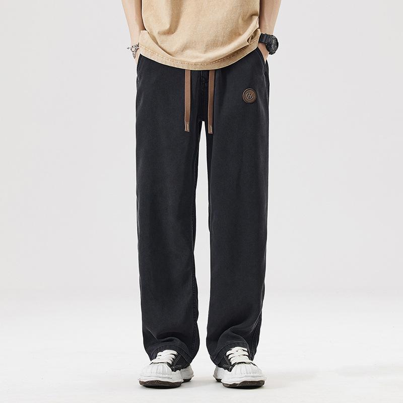 New denim retro washed elastic waist casual pants trendy high street wide leg pendant drawstring jeans