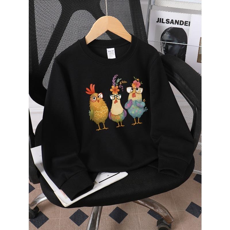Girls' Long-Sleeve Round Neck Sweatshirt with Printed Design Funny Chicken Print Suitable for Spring And Autumn, Fashionable And Casual