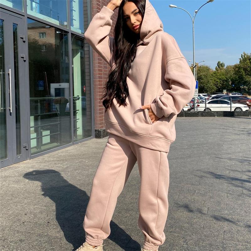 Winter Women's Sets Hooded Long Sleeve Hoodie Sport Pants Lady Suit Two Piece SetCasual Fleece Tracksuit Women Streetwear