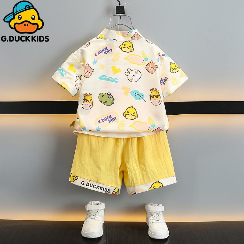 Adorable Cartoon Yellow Duck Boys Summer Outfit Set Stylish Cotton Two Piece