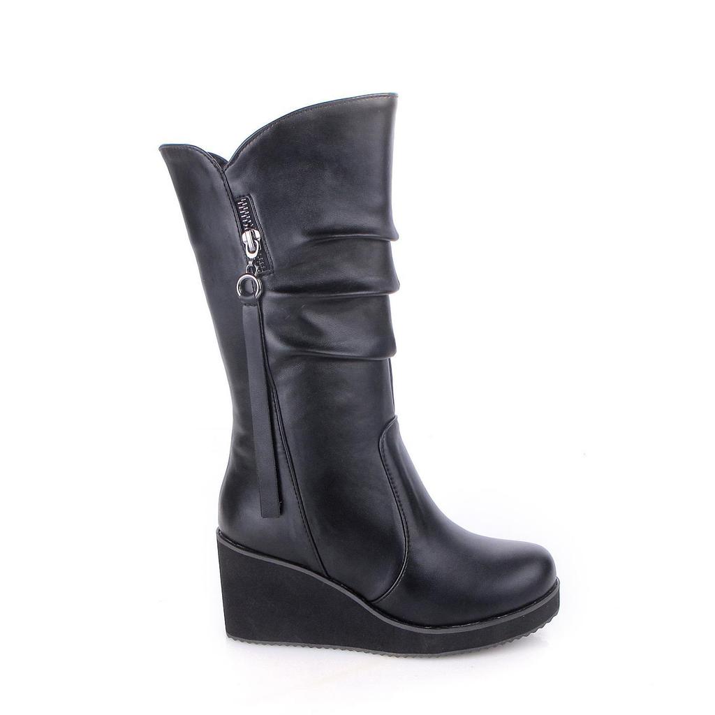 Women's Boots Mid Calf Korean Style Simplicity Casual Boot Wedges Heel Autumn and Winter Side Zipper Knight Boots Women Shoes