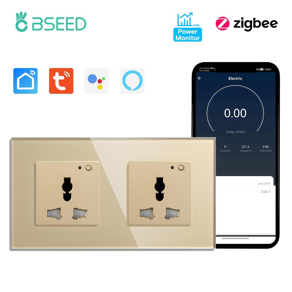 BSEED Zigbee Soquetes Inteligentes Universais Monitor de Potência Soquete de Energia Multifuncional Controle por App Tuya Smart Life Alexa Estrutura de Vidro