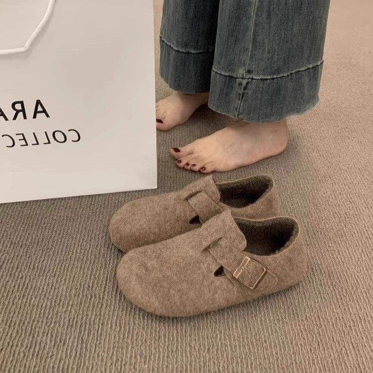 Retro round head felt fleece Birkenstocks women's fleece autumn and winter one-pedal thermal cotton ladyshoes woolen loafers