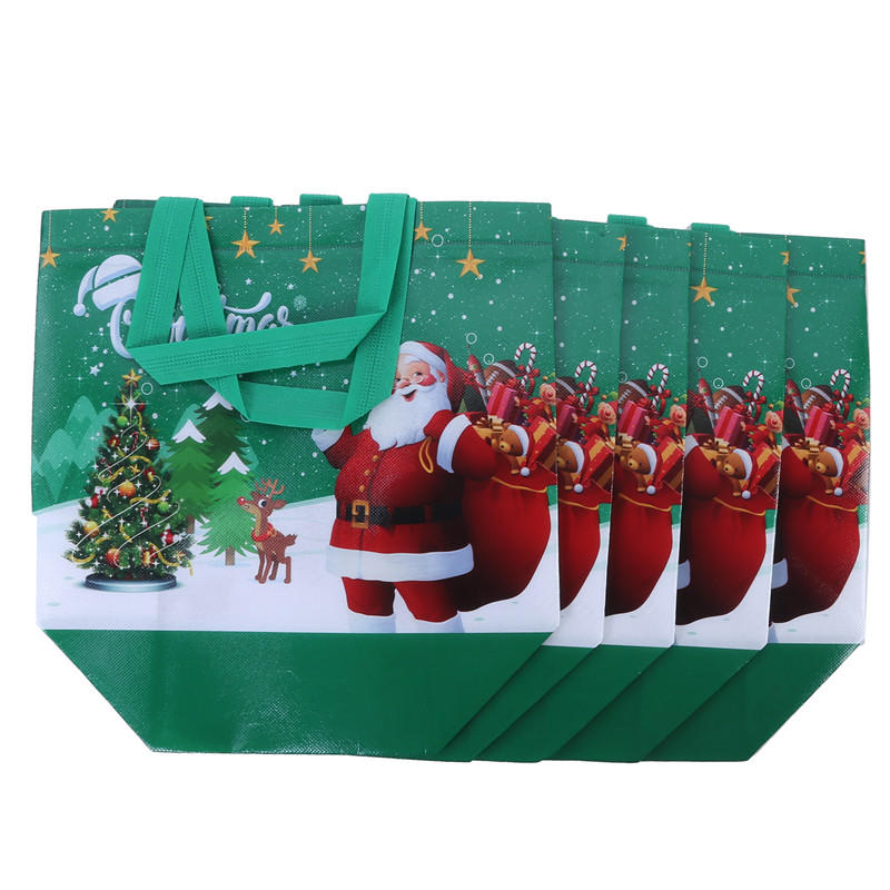 5pcs Print Handbag Christmas Gift Bag Foldable Shopping Bag Beach Bag Folding Storage Bag Cartoon Non Woven Bag Large Capacity