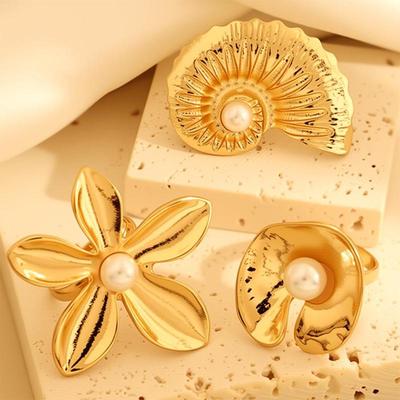 Conjunto de Anéis Abertos Flor de Concha Pérola Europeu e Americano: Design Estiloso para Férias na Praia